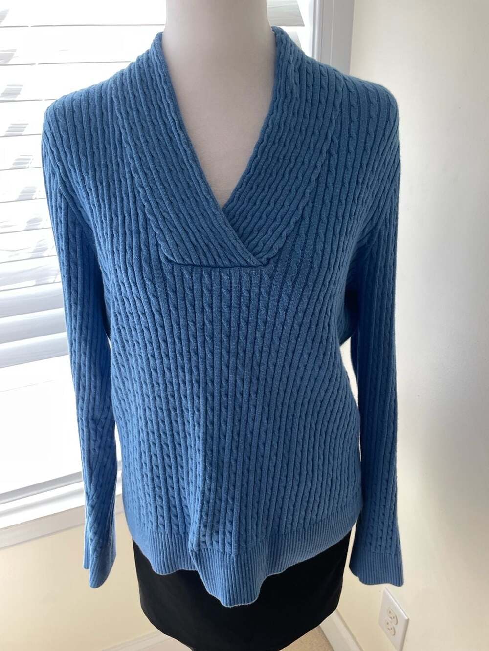 Jeanne Pierre Blue Cable Knit Cotton V-Neck Shawl Collar Sweater Size M
